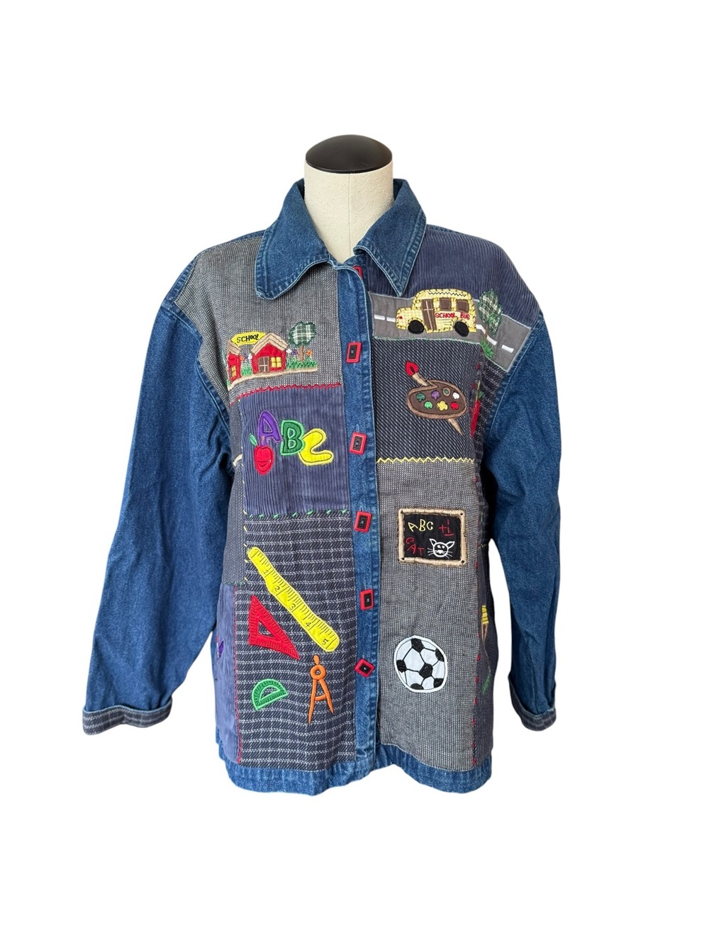 Keren Hart Women Patchwork Embroidered Teacher Theme Button Up Denim Shirt Coat